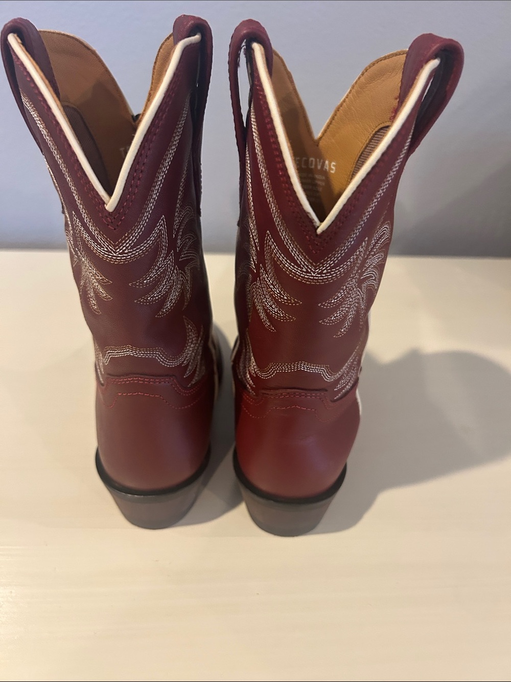 Tecovas Kids Burgundy Leather Cowboy Boots with White Piping - Picture 3 of 4